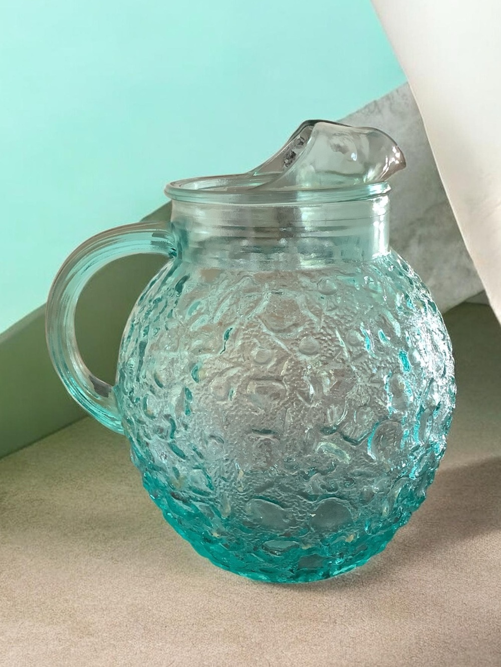 Vintage Anchor Hocking Lido Milano aquamarine ball pitcher